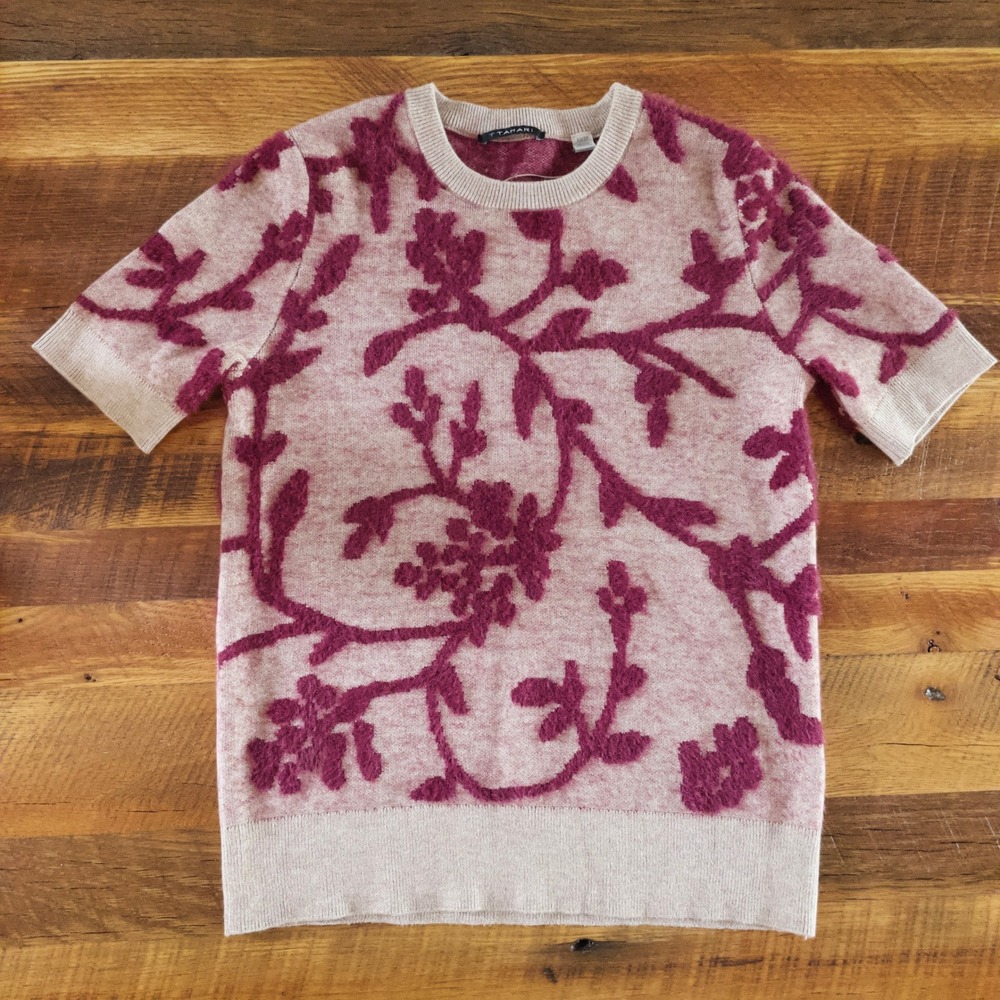 NWT Tahari Floral Jacquard Short Sleeve Sweater Burgundy Womens XS Dark Academia